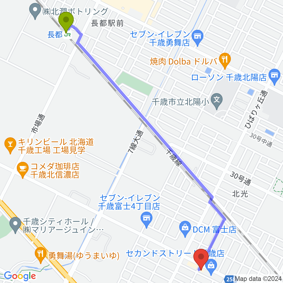 エルム楽器 千歳センターの最寄駅長都駅からの徒歩ルート（約27分）地図