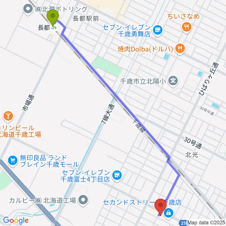 エルム楽器 千歳センターの最寄駅長都駅からの徒歩ルート（約27分）地図