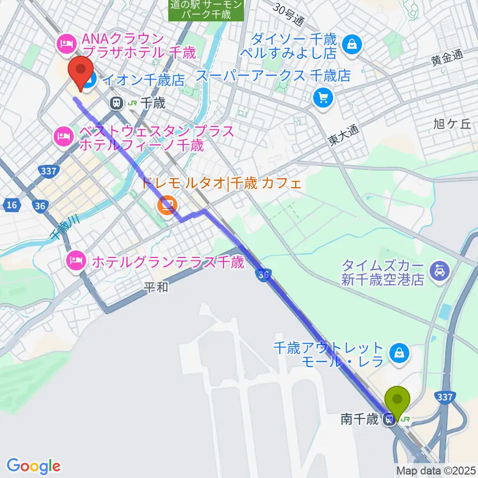 南千歳駅からエルム楽器 イオン千歳センターへのルートマップ地図
