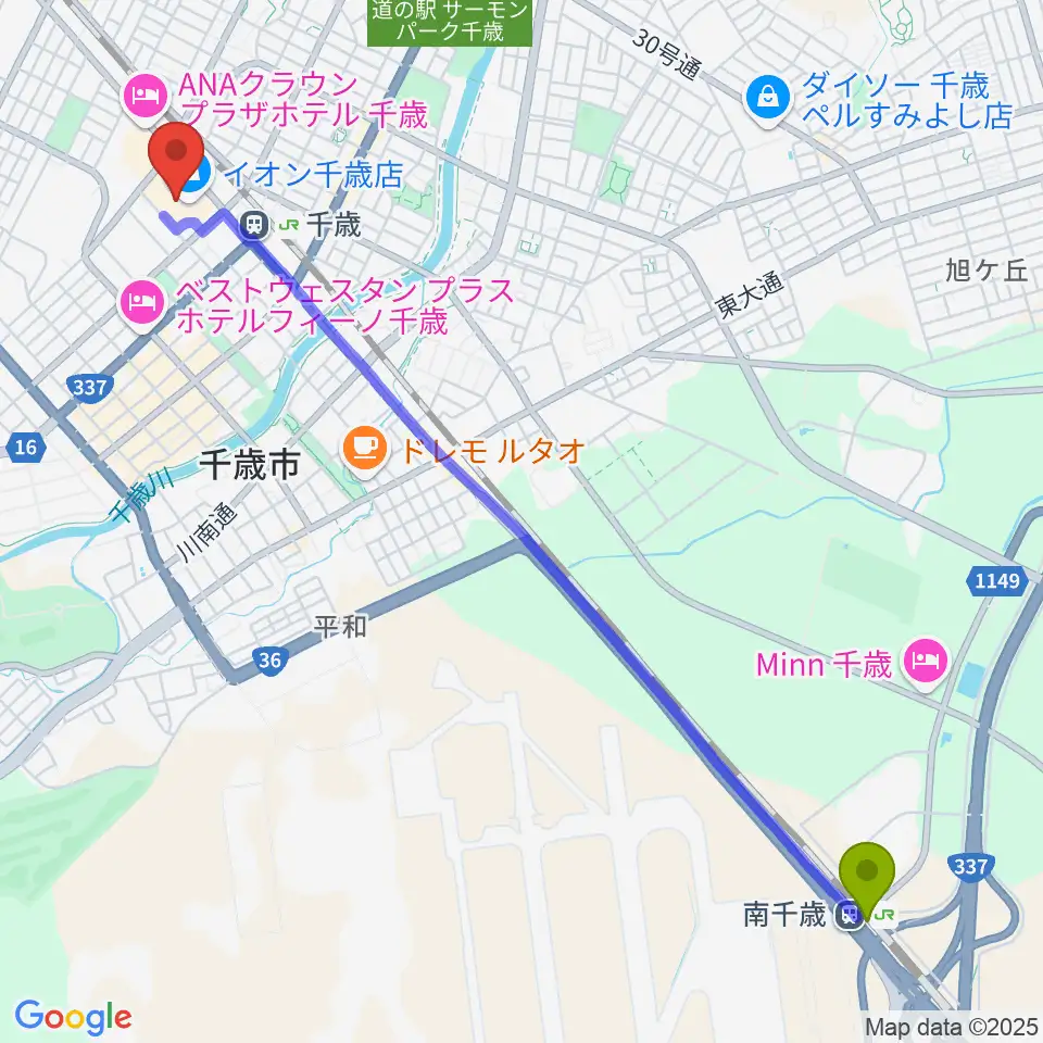 南千歳駅からエルム楽器 イオン千歳センターへのルートマップ地図