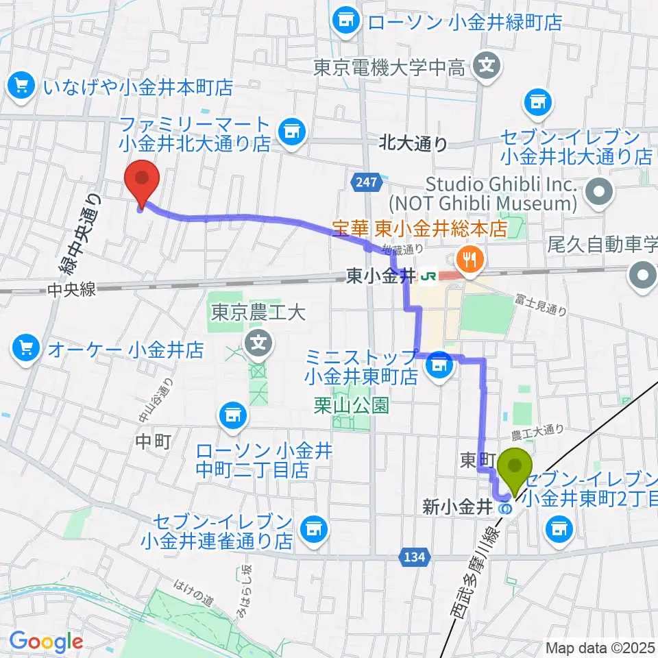 新小金井駅から現代座会館へのルートマップ地図