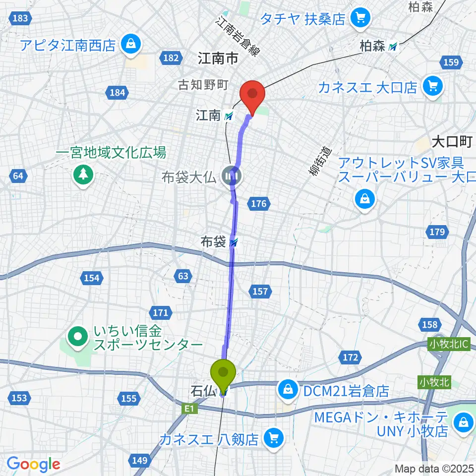 石仏駅からHome&nicoホールへのルートマップ地図