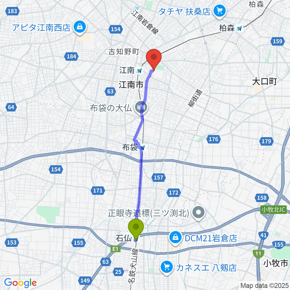 石仏駅からHome&nicoホールへのルートマップ地図