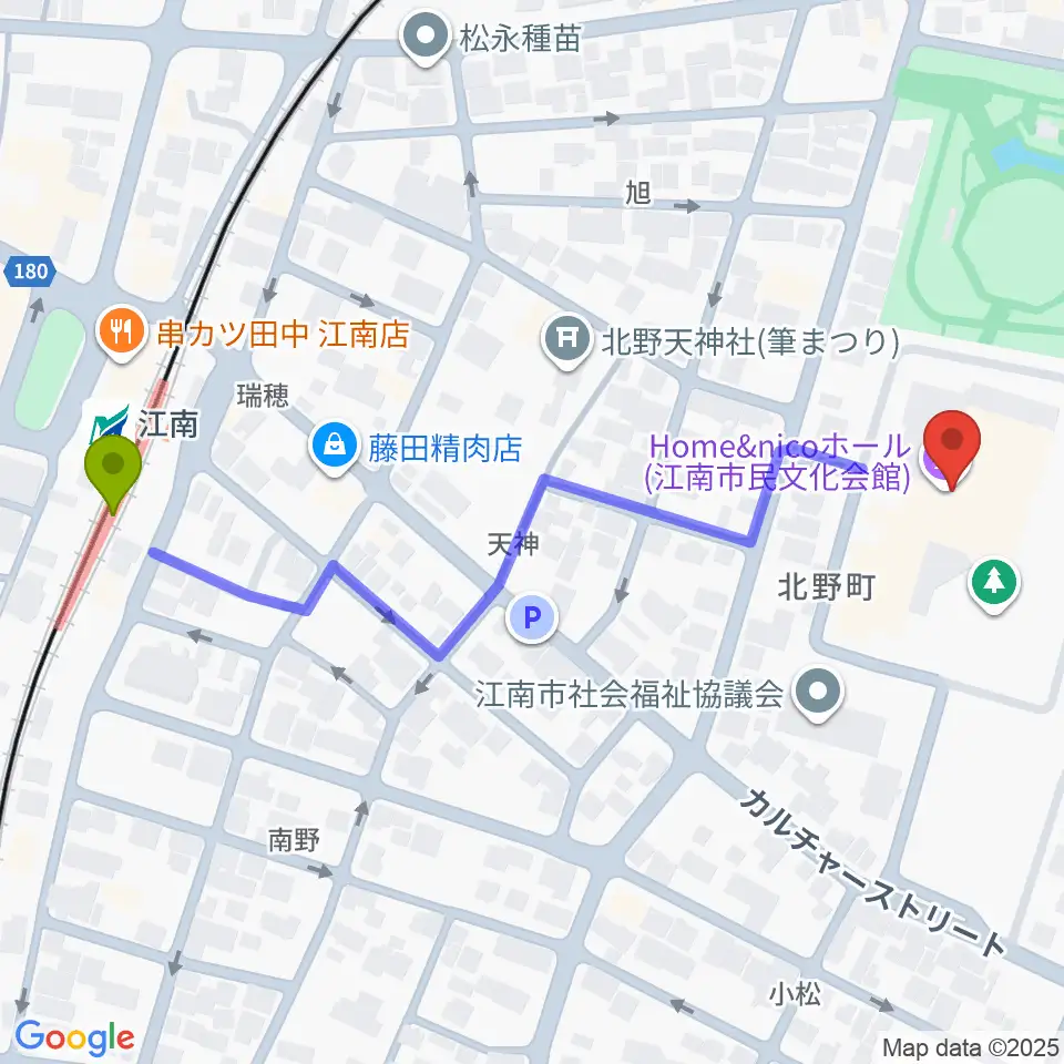 Home&nicoホールの最寄駅江南駅からの徒歩ルート（約6分）地図