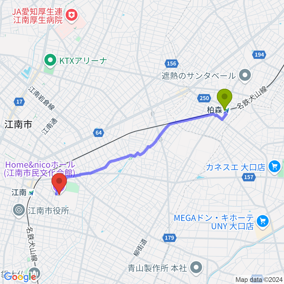 柏森駅からHome&nicoホール 江南市民文化会館へのルートマップ地図