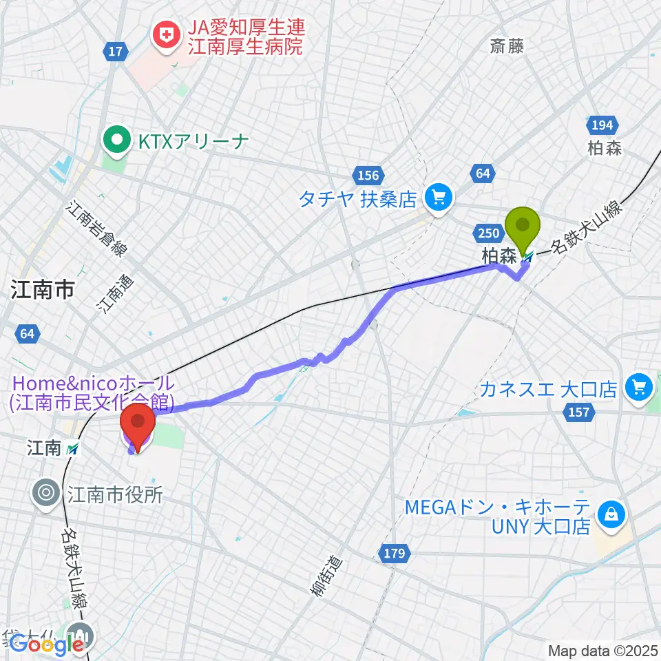 柏森駅からHome&nicoホールへのルートマップ地図