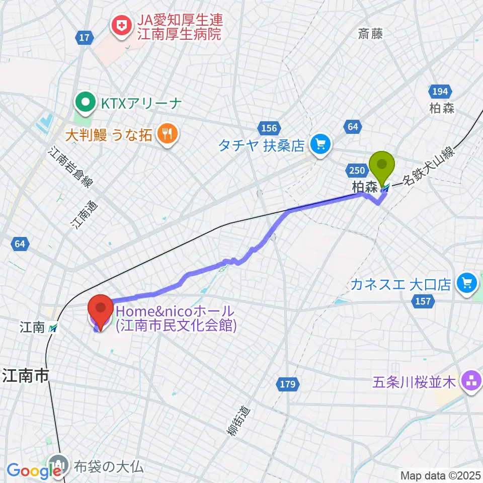 柏森駅からHome&nicoホールへのルートマップ地図