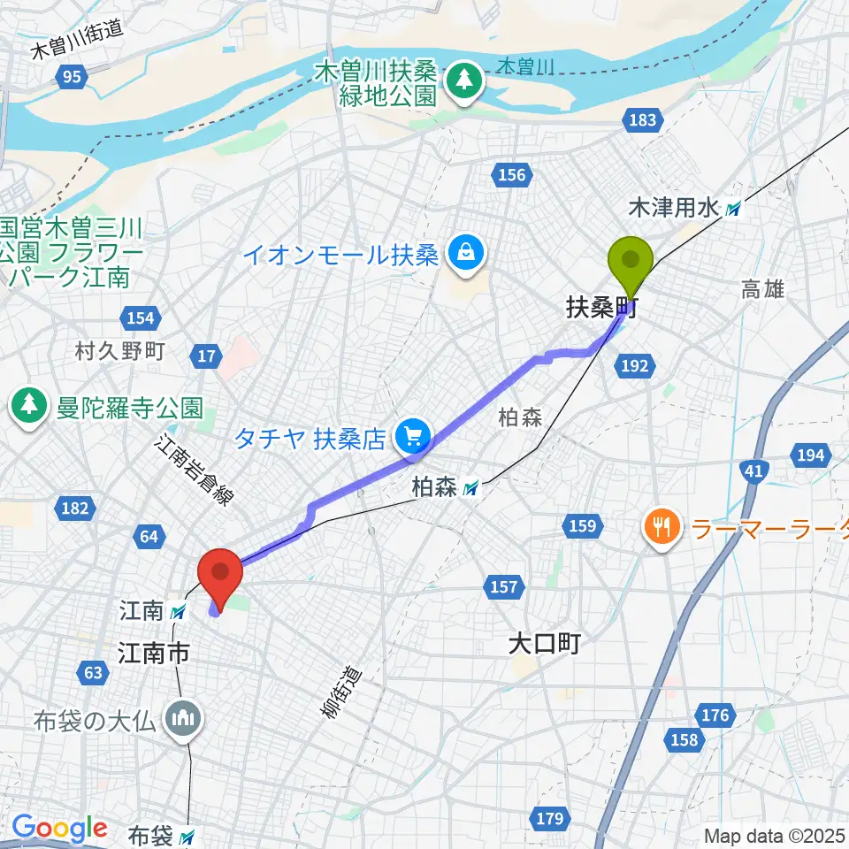 扶桑駅からHome&nicoホールへのルートマップ地図