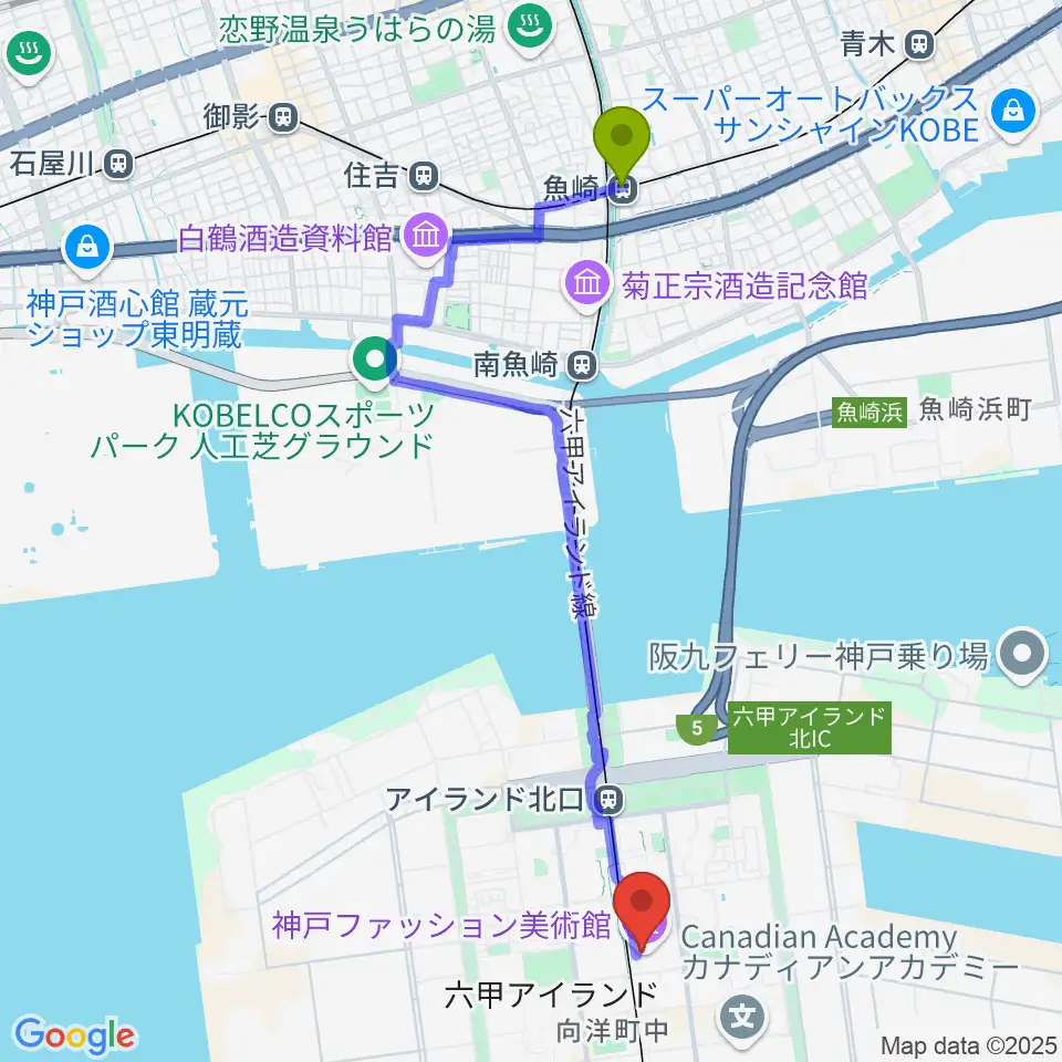 魚崎駅から神戸ファッション美術館・オルビスホールへのルートマップ地図