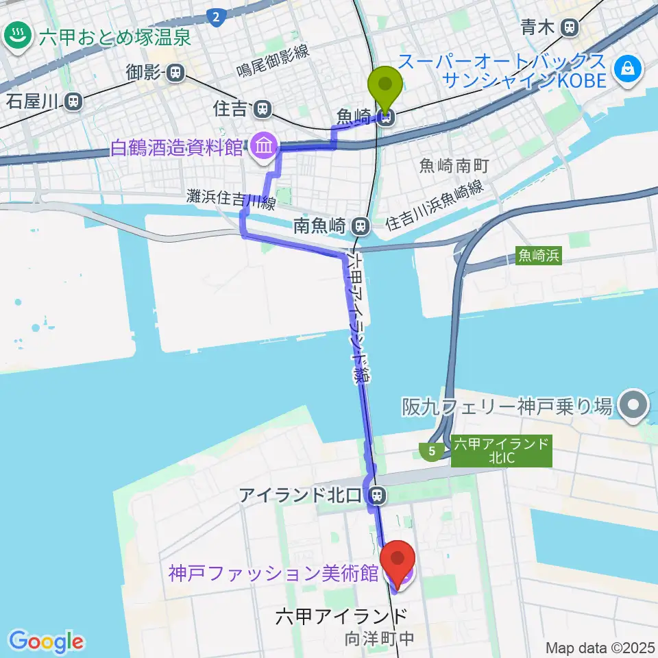 魚崎駅から神戸ファッション美術館・オルビスホールへのルートマップ地図