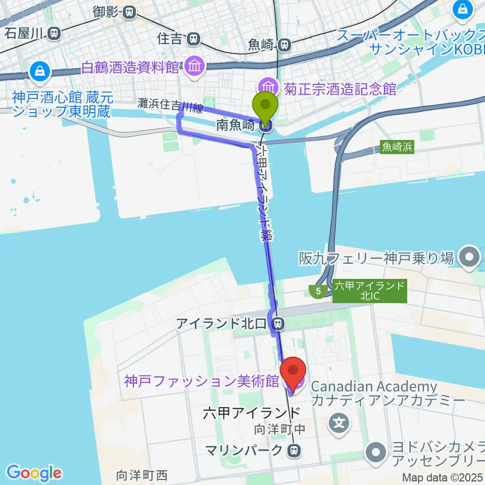 南魚崎駅から神戸ファッション美術館・オルビスホールへのルートマップ地図