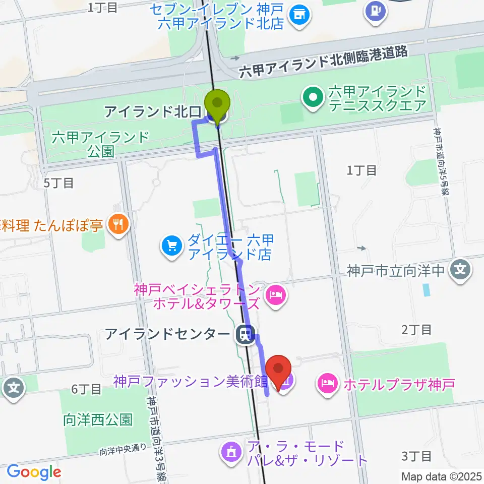 アイランド北口駅から神戸ファッション美術館・オルビスホールへのルートマップ地図