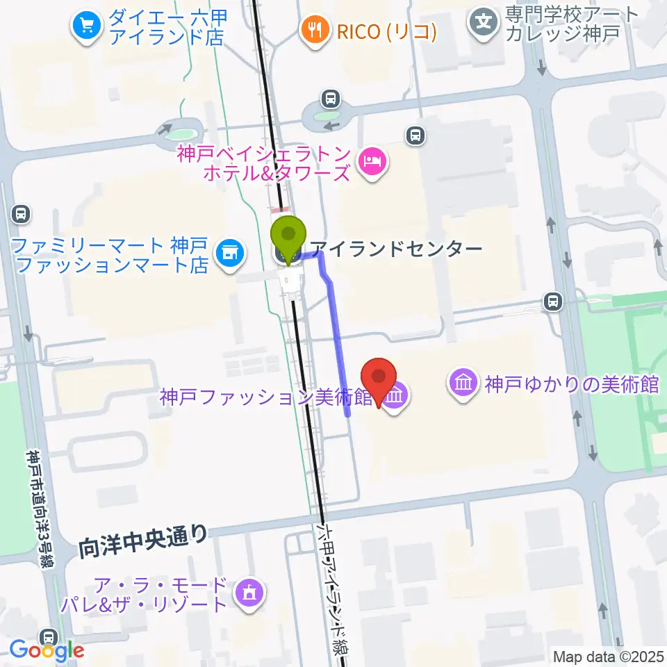 神戸ファッション美術館・オルビスホールの最寄駅アイランドセンター駅からの徒歩ルート（約2分）地図