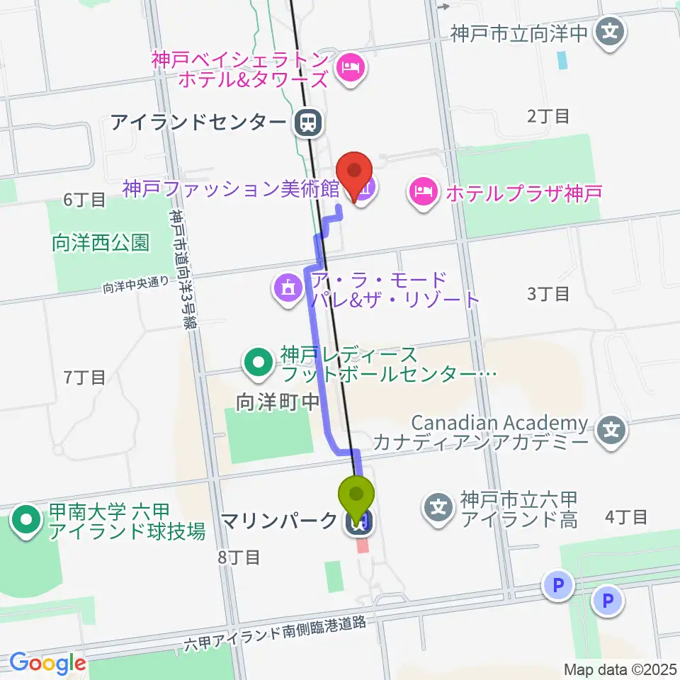 マリンパーク駅から神戸ファッション美術館・オルビスホールへのルートマップ地図