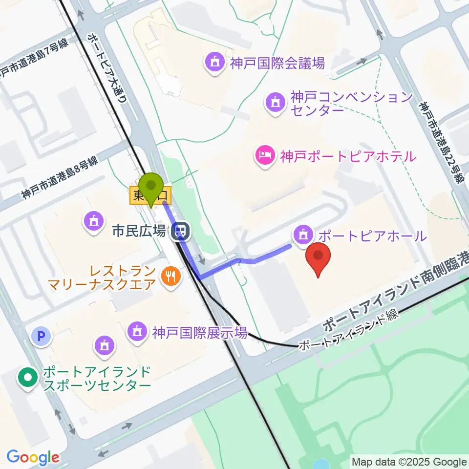神戸ポートピアホールの最寄駅市民広場駅からの徒歩ルート（約3分）地図