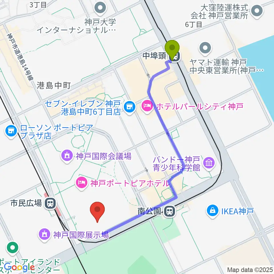 中埠頭駅から神戸ポートピアホールへのルートマップ地図