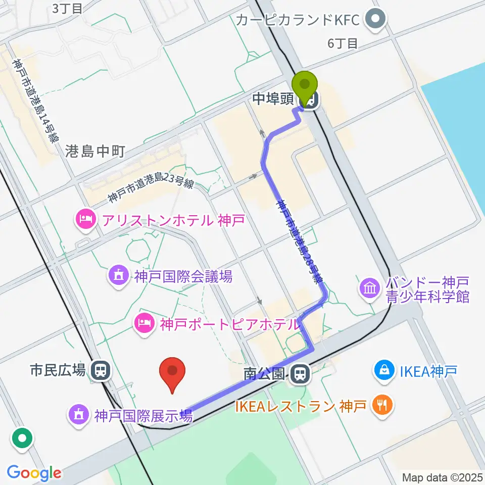 中埠頭駅から神戸ポートピアホールへのルートマップ地図