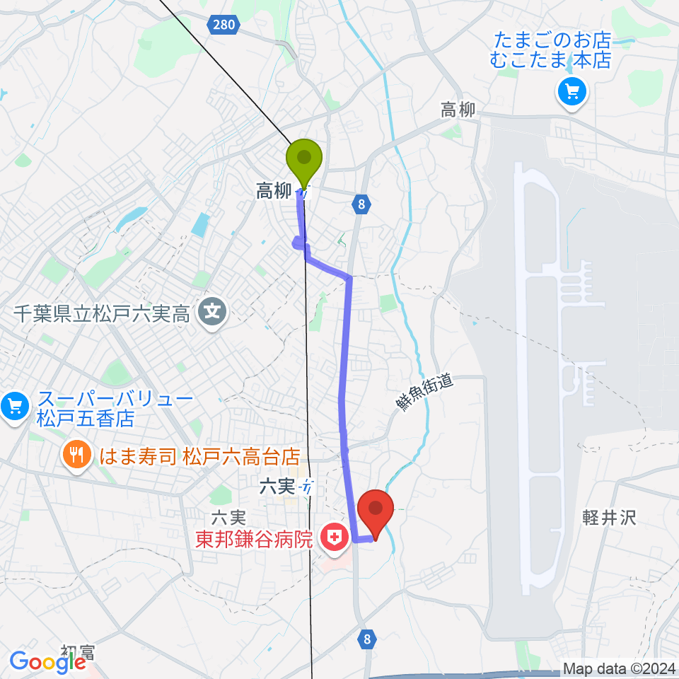 高柳駅から三好ギター教室へのルートマップ地図