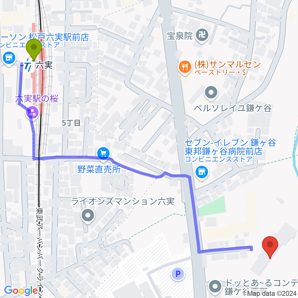 三好ギター教室の最寄駅六実駅からの徒歩ルート（約8分）地図