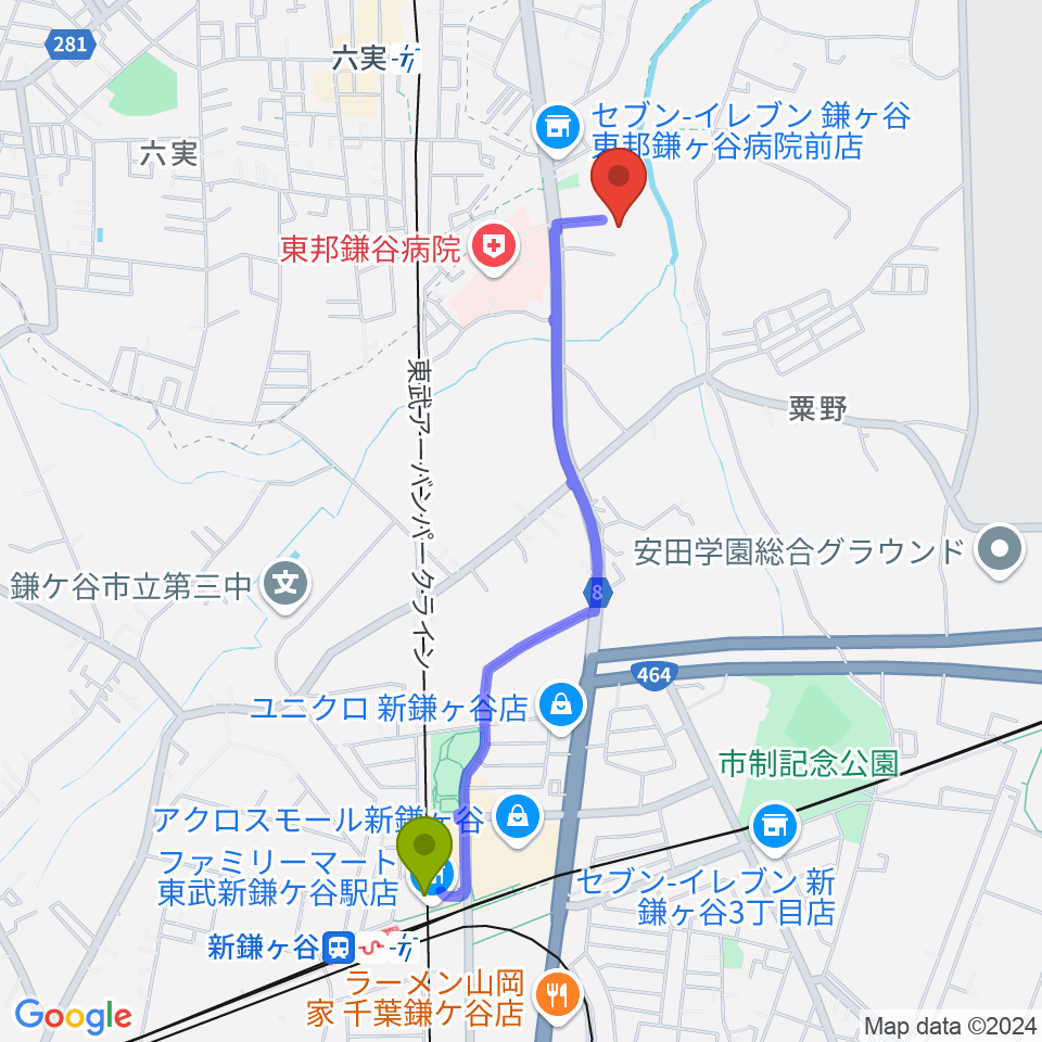 新鎌ヶ谷駅から三好ギター教室へのルートマップ地図