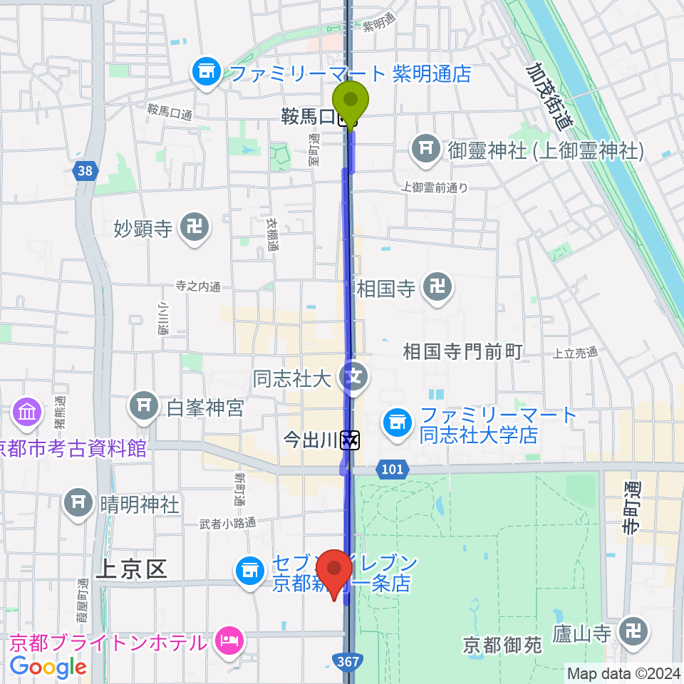 鞍馬口駅から金剛能楽堂へのルートマップ地図