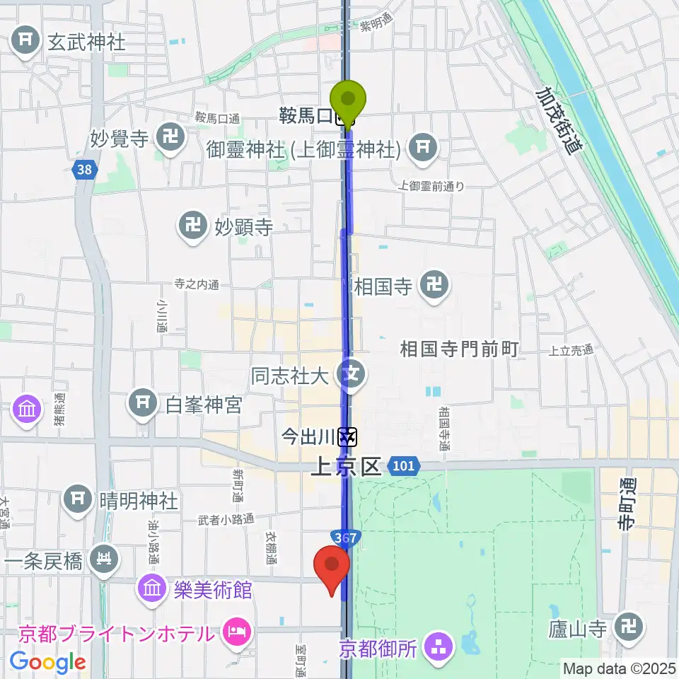 鞍馬口駅から金剛能楽堂へのルートマップ地図