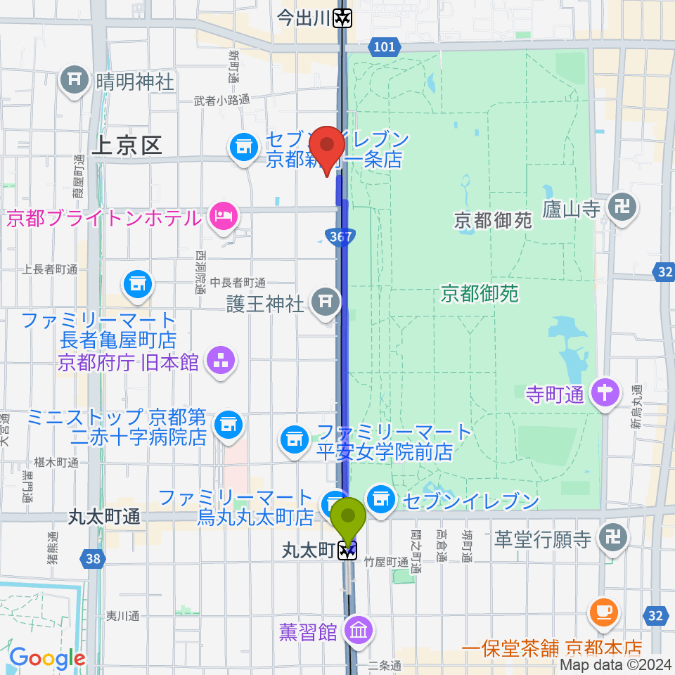 丸太町駅から金剛能楽堂へのルートマップ地図