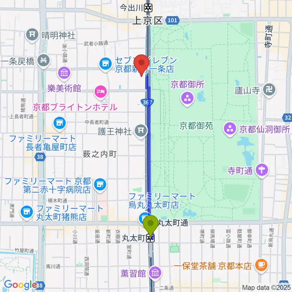 丸太町駅から金剛能楽堂へのルートマップ地図