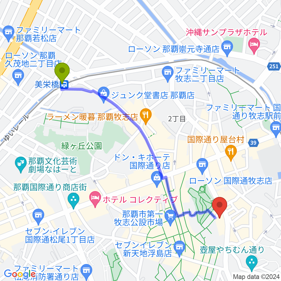 美栄橋駅から桜坂劇場へのルートマップ地図