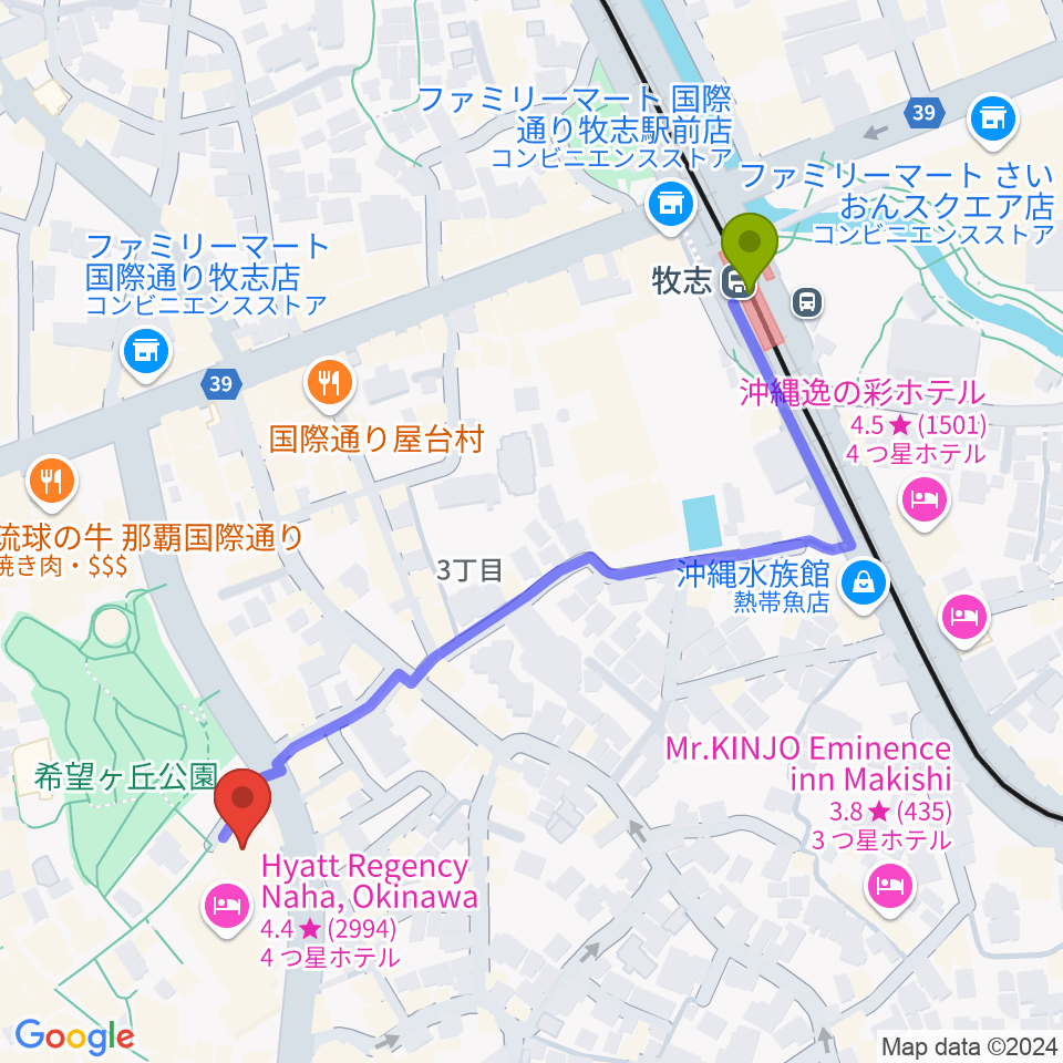 桜坂劇場の最寄駅牧志駅からの徒歩ルート（約6分）地図