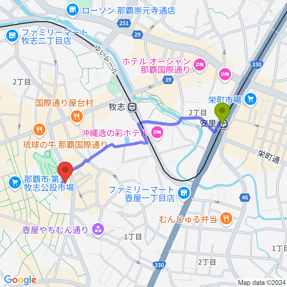 安里駅から桜坂劇場へのルートマップ地図