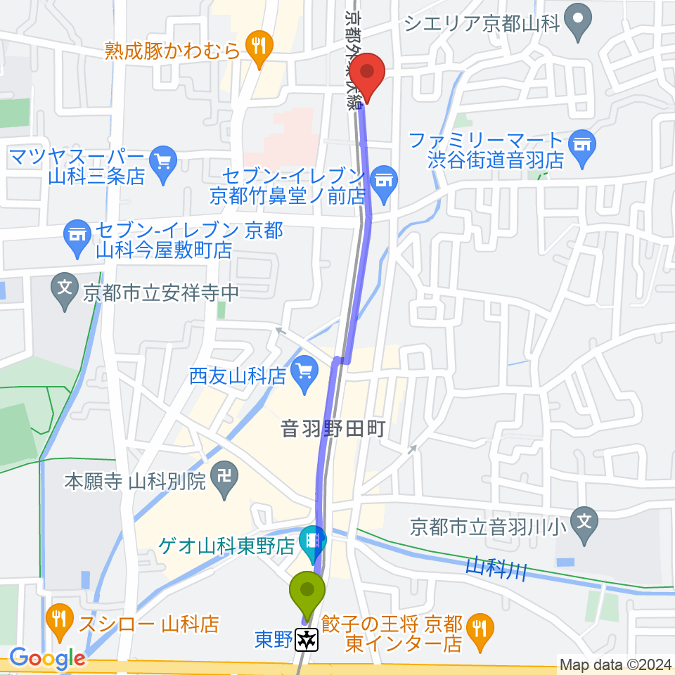 東野駅からJEUGIA 山科センターへのルートマップ地図