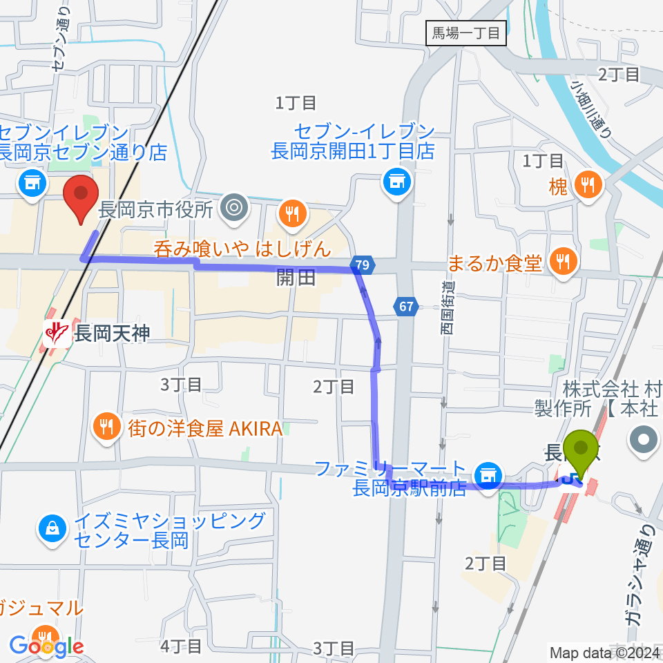 長岡京駅からJEUGIA長岡京センターへのルートマップ地図