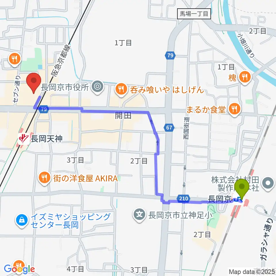 長岡京駅からJEUGIA長岡京センターへのルートマップ地図