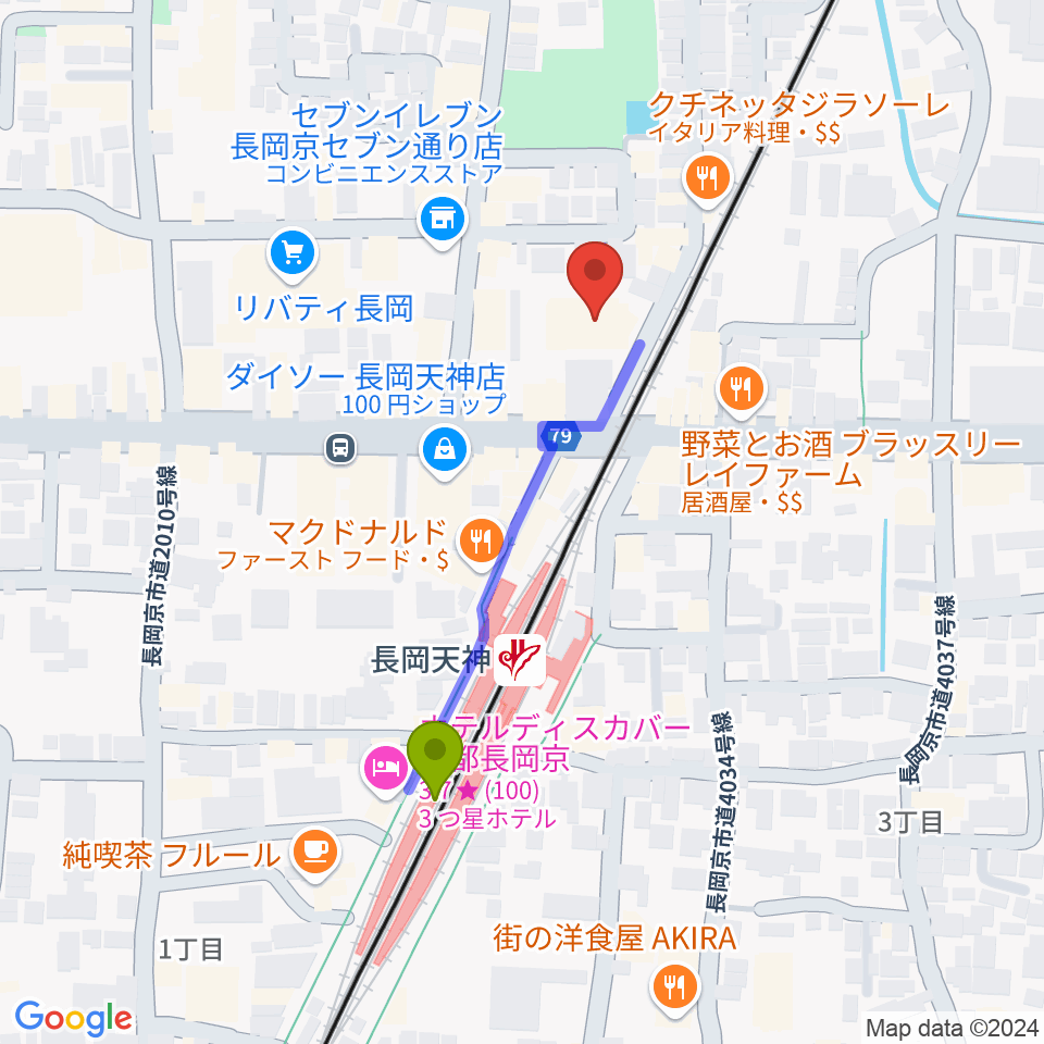 JEUGIA長岡京センターの最寄駅長岡天神駅からの徒歩ルート（約4分）地図