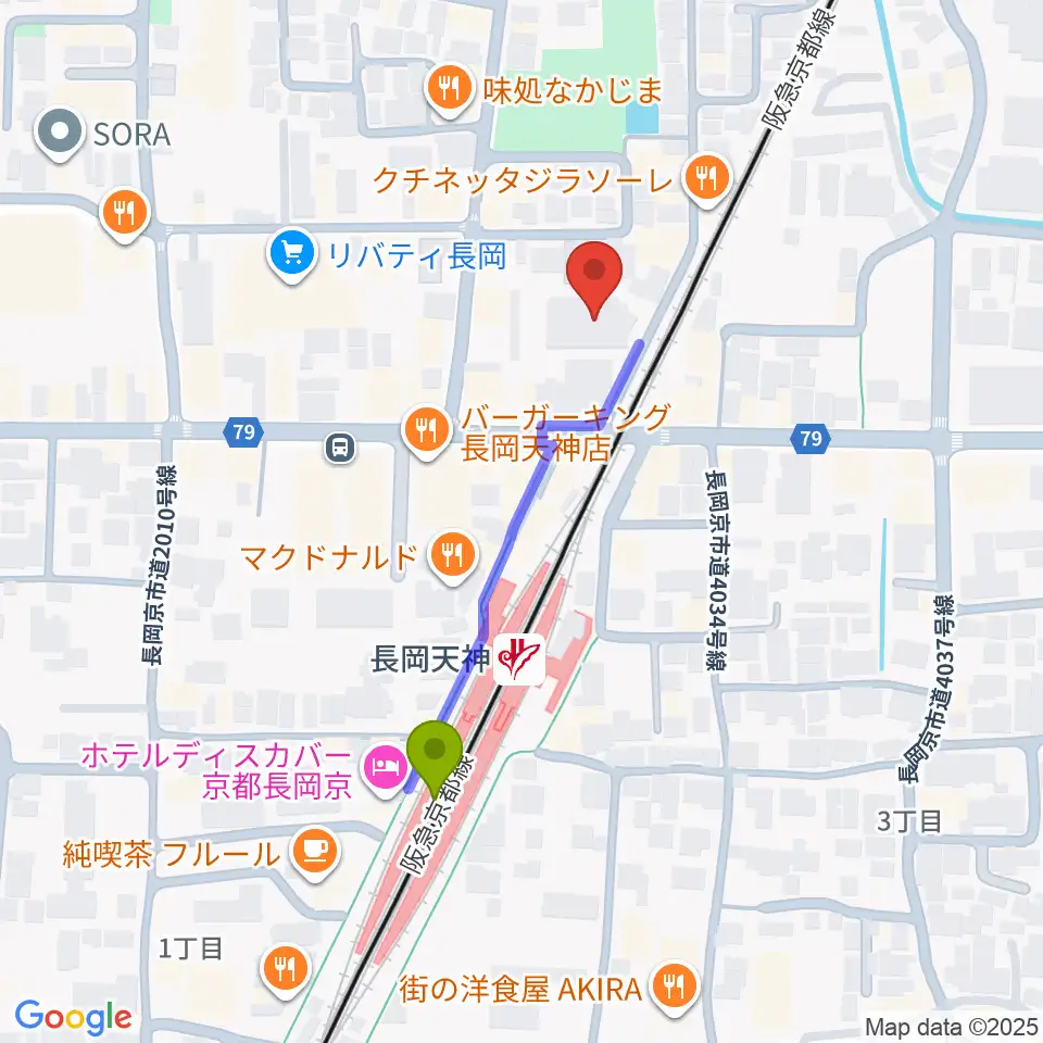 JEUGIA長岡京センターの最寄駅長岡天神駅からの徒歩ルート（約4分）地図