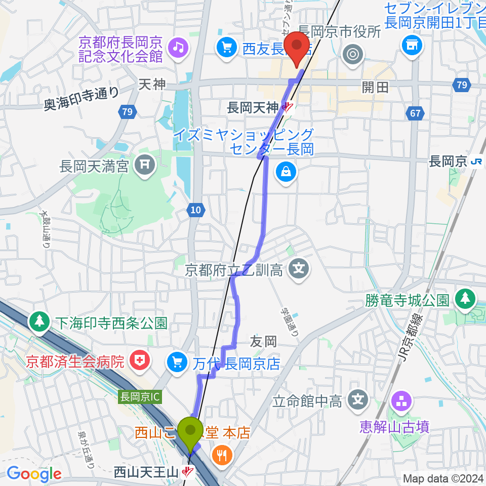 西山天王山駅からJEUGIA長岡京センターへのルートマップ地図