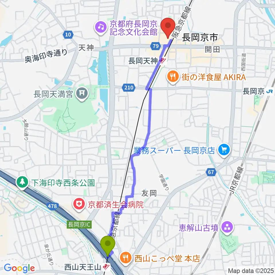 西山天王山駅からJEUGIA長岡京センターへのルートマップ地図