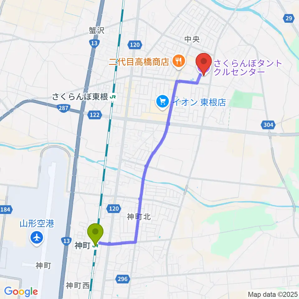 神町駅から東根市さくらんぼタントクルセンターへのルートマップ地図