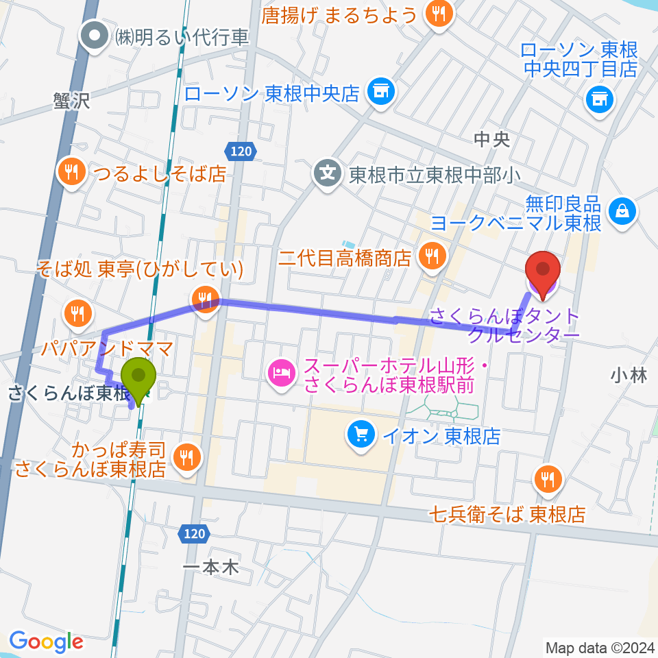 東根市さくらんぼタントクルセンターの最寄駅さくらんぼ東根駅からの徒歩ルート（約19分）地図