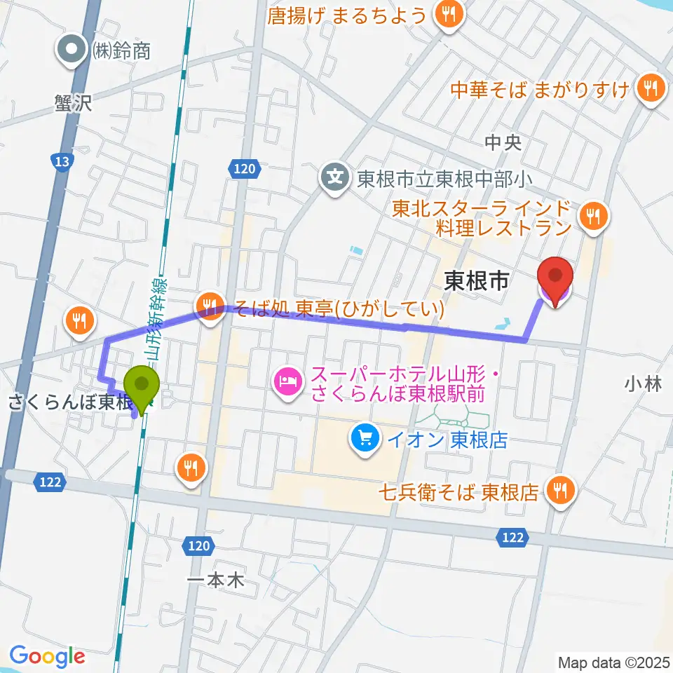東根市さくらんぼタントクルセンターの最寄駅さくらんぼ東根駅からの徒歩ルート（約19分）地図