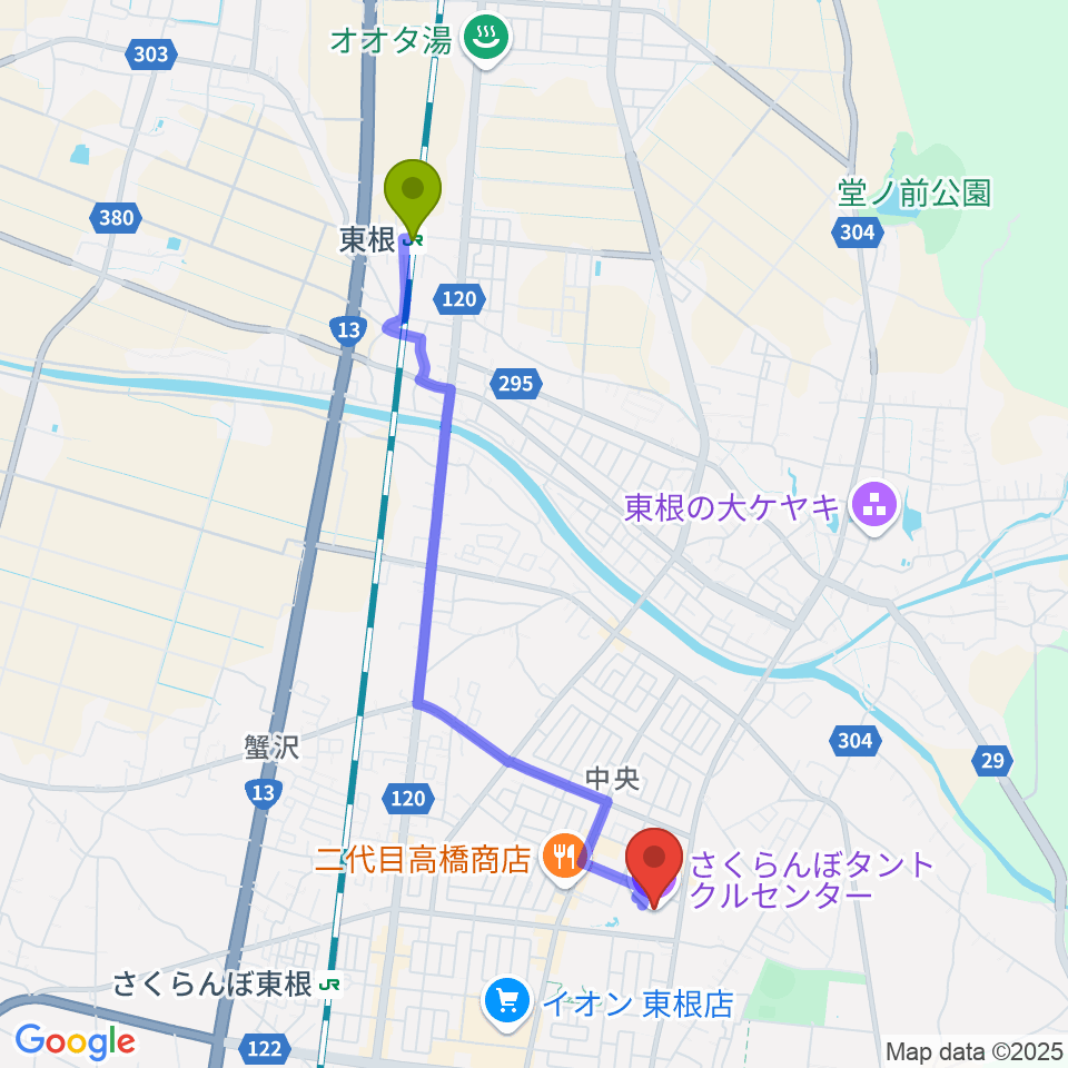 東根駅から東根市さくらんぼタントクルセンターへのルートマップ地図