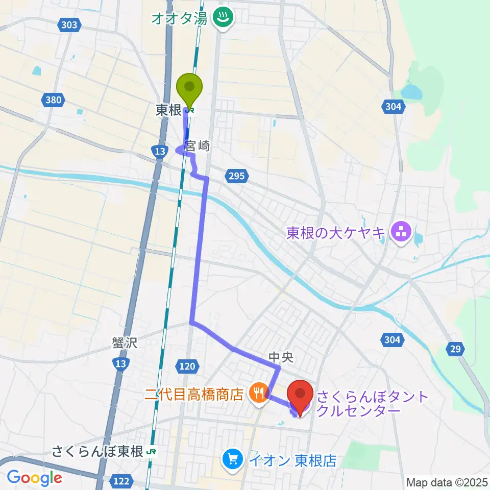 東根駅から東根市さくらんぼタントクルセンターへのルートマップ地図