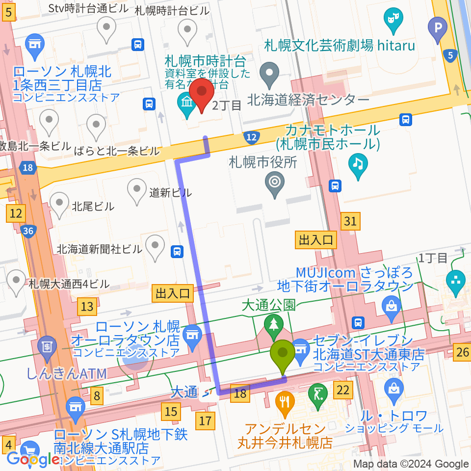 時計台ホールの最寄駅大通駅からの徒歩ルート（約4分）地図
