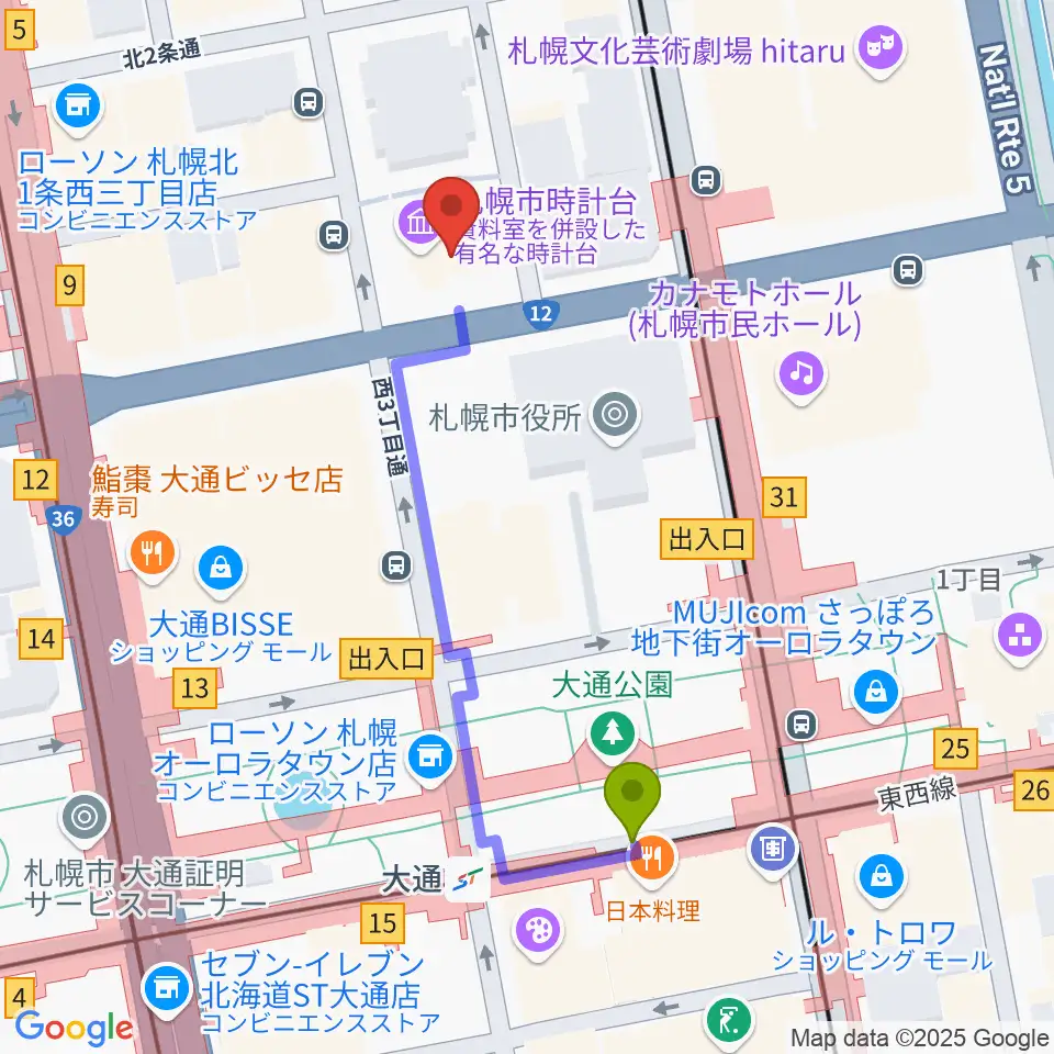 時計台ホールの最寄駅大通駅からの徒歩ルート（約4分）地図