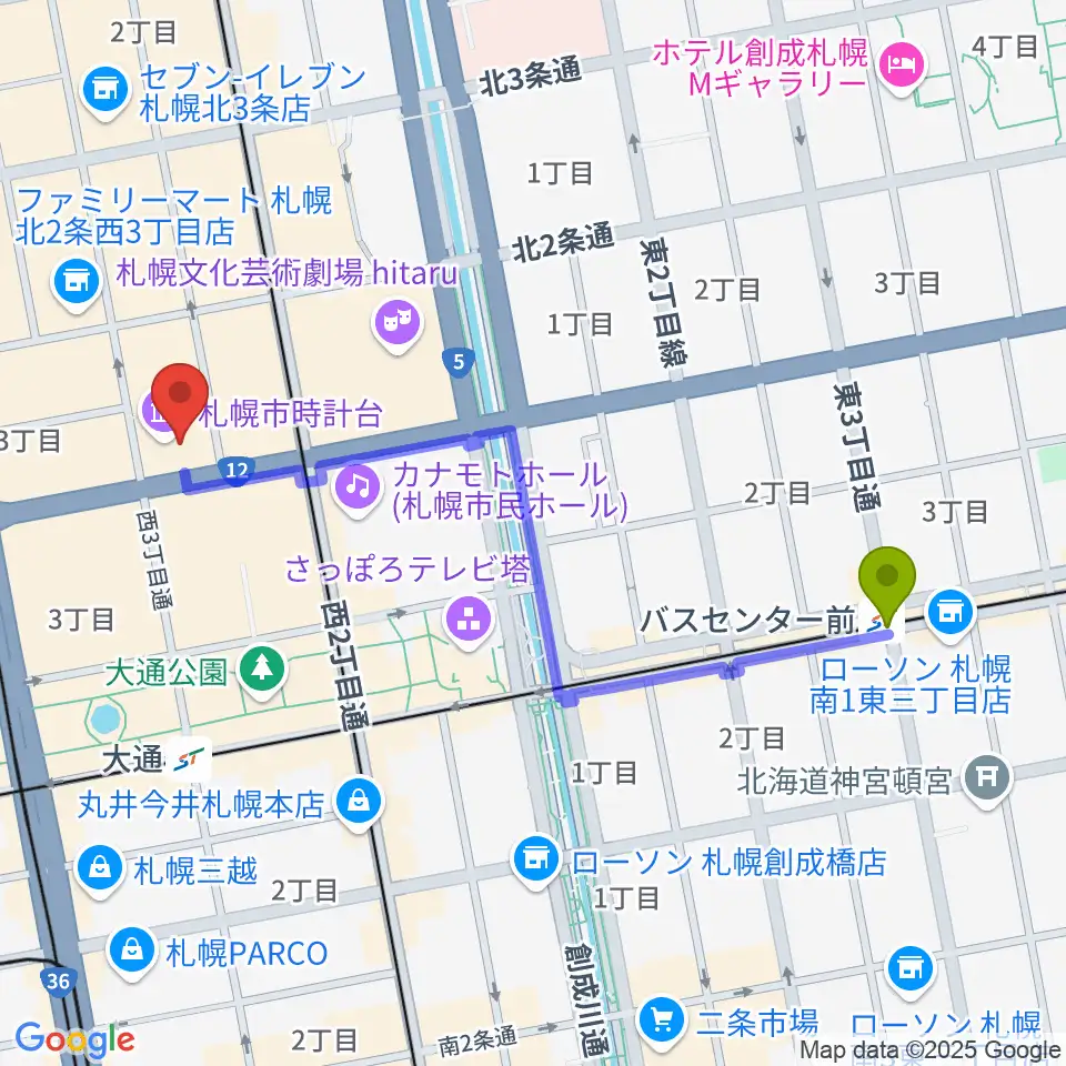 バスセンター前駅から時計台ホールへのルートマップ地図