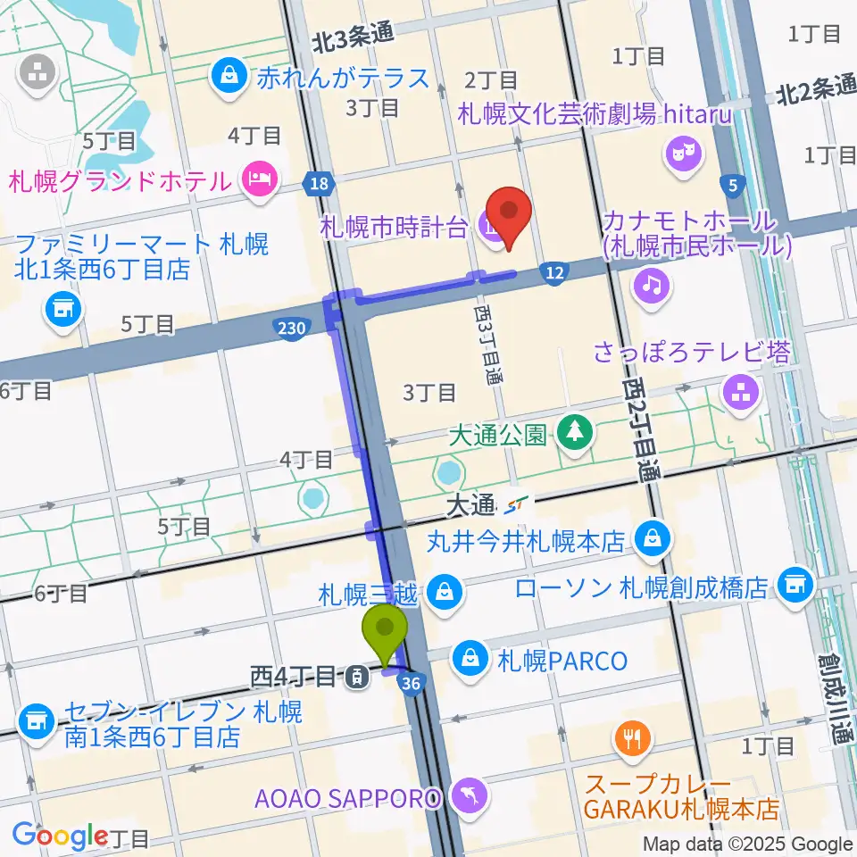西４丁目駅から時計台ホールへのルートマップ地図