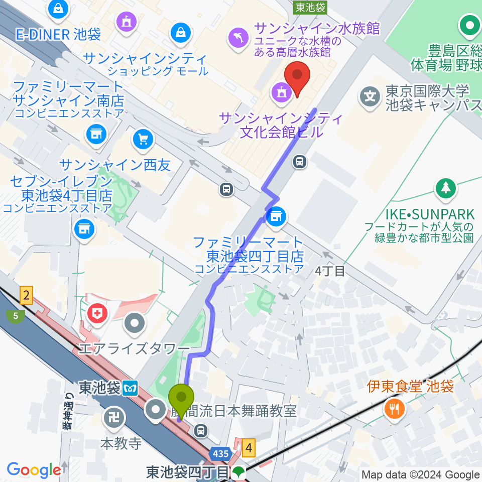 サンシャイン劇場の最寄駅東池袋駅からの徒歩ルート（約6分）地図