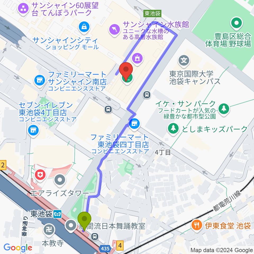 サンシャイン劇場の最寄駅東池袋駅からの徒歩ルート（約5分）地図