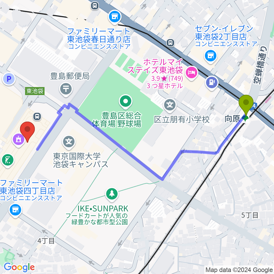 向原駅からサンシャイン劇場へのルートマップ地図